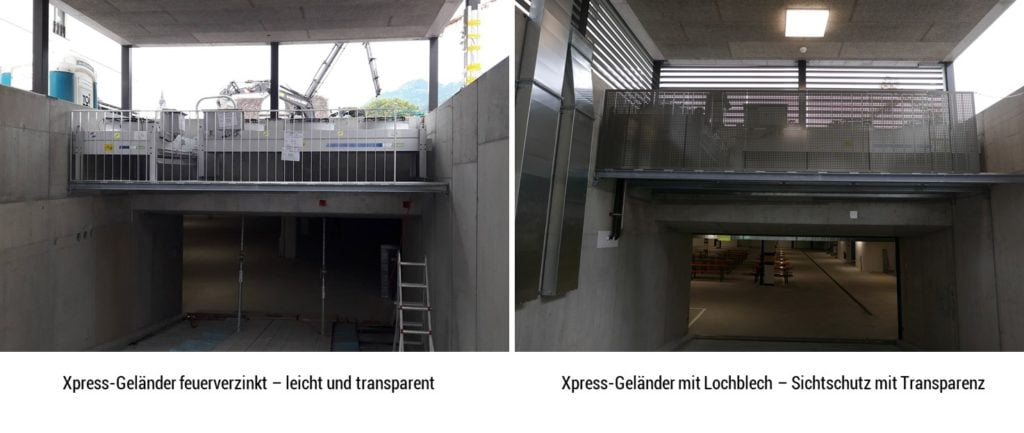 Vergleich von Xpress-Geländer mit und ohne Lochblech.